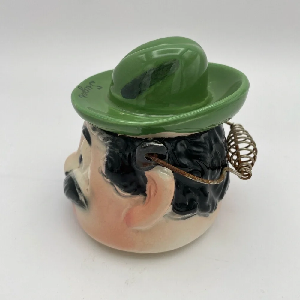 Tilso Japan ceramic mustache Man bowl green hat wire handle vintage 1960’s